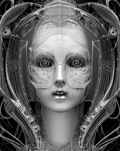 Image similar to mythical dreamy black and white organic bio - mechanical spinal ribbed profile face portrait detail of translucent steampunk beautiful female angelic - human - queen - vegetal - cyborg, highly detailed, intricate crystal ivy jelly ornate, poetic, translucent roses ornate, 3 d render, digital art, octane render, 8 k artistic photography, photo - realistic, by dora maar