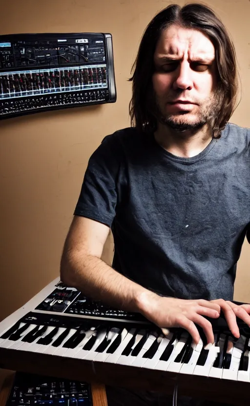 Prompt: portrait of an extremely frustrated sophisticated male electronic serialist compser with long brown hair in front of his broken synthesizer, all ruined, expressionist grid photo, masculine, brutal