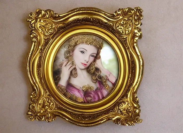 Prompt: beautiful baroque circular portrait picture frame, royal, gilded with gold, magical, fantasy, metallic