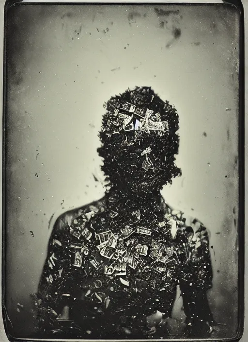 Image similar to old wetplate daguerreotype portrait wretched war by damian hirst, explosion of data fragments, fractal, intricate, elegant, highly detailed, parallax, leica, medium format, subsurface scattering, by marie harnett