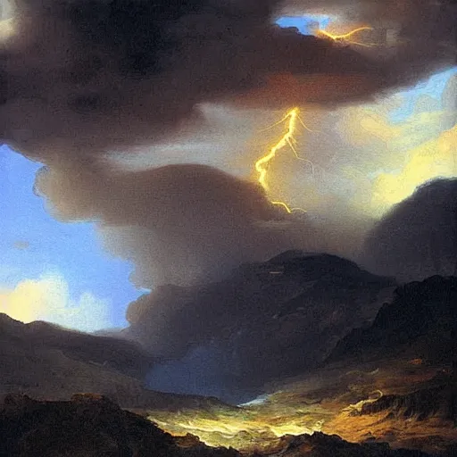 Prompt: “painting, mountain top in a storm being struck by lightning”