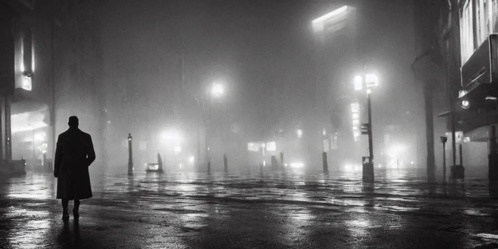 Image similar to a cinematic movie shot of a man in a trench coat walking down a foggy city street at night, wet streets, in the style of blade runner