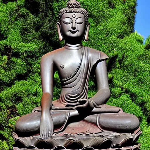 Prompt: tibetan statue of buddha, buddhist statue with glowing green eyes, vines and beautiful flowers cover the sculpture, award-winning, beautiful revealing godrays, HD