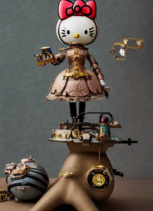 Prompt: product photography of a claymation action figure steampunk hello kitty, depth of field, zeiss lens, detailed, centered, by erwin olaf, joop geesink, wes anderson, breathtaking, 8 k resolution, extremely detailed, beautiful, establishing shot, realistic materials, hyperrealistic