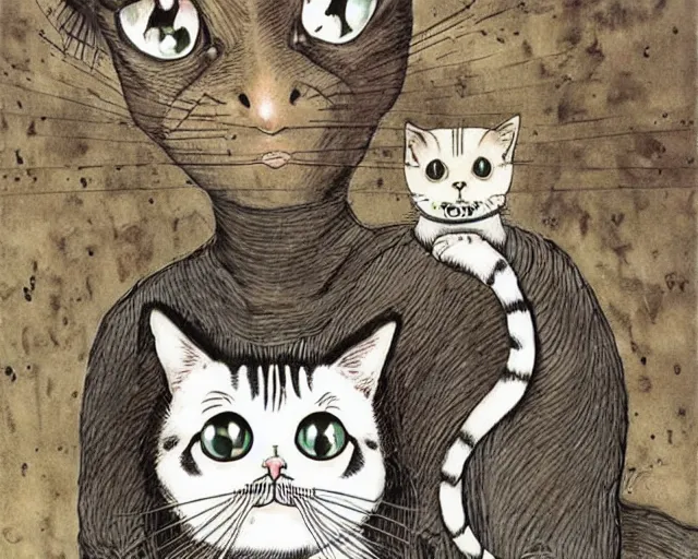 Image similar to cat with huge head, artwork by junji ito