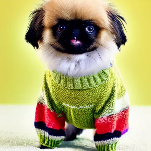 Image similar to a cute pekingese wearing a sweater, high resolution photo