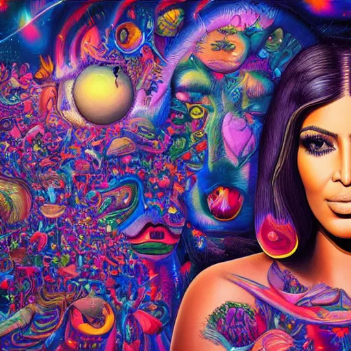 Prompt: amazing beautiful surreal psychedelic hyperdetailed portrait painting of a kim kardashian surrounded by wonderful things. hq. 8 k. trending on artstation