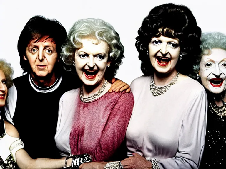 Image similar to a photo of Paul McCartney, Queen Cleopatra, and Betty White high on meth by Annie Leibovitz