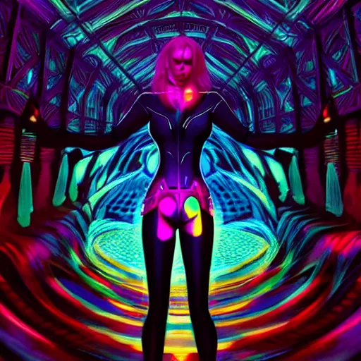 Image similar to long Shot of psychedelic Black widow standing in mysterious chromatic astral temple , stylish, lsd, soft, behance, cinematic, artwork by WLOP