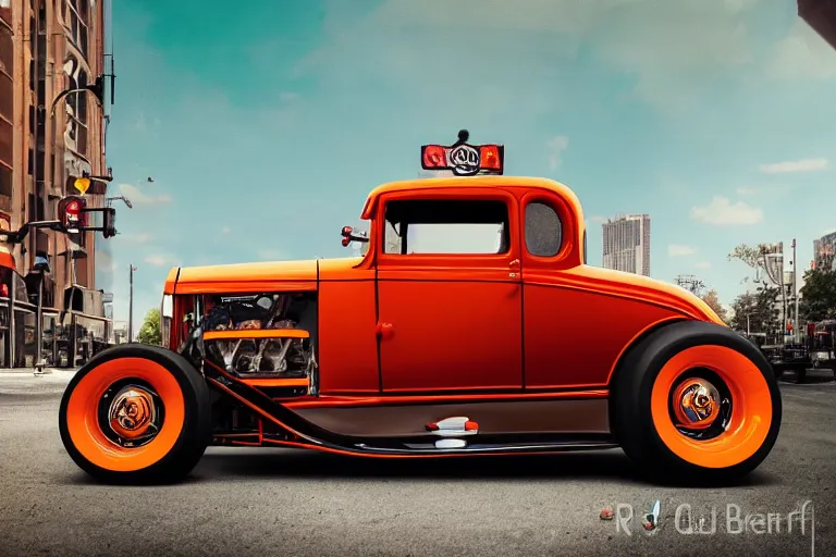 Prompt: a beautiful lowbrow pop art illustration of a 1 9 3 0 model a ford hot rod, red, orange and black with the motor exposed driving down a busy street in chicago, 8 k resolution, whimsical, octane render, detailed painting, by jasmine becket - griffith and danny flynn