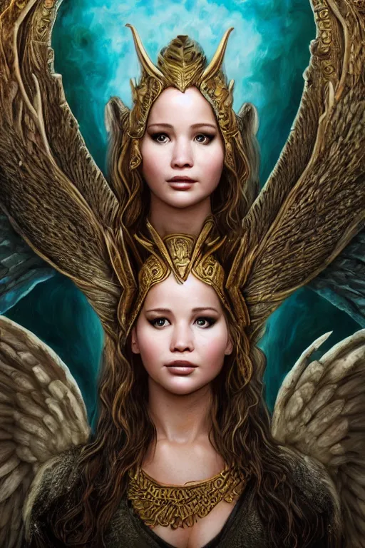 Prompt: A fantasy book style portrait painting of a hybrid, Jennifer Lawrence, Liv Tyler, Selena Gomez, as a Mystical Valkyrie, Anubis-Reptilian, Atlantean Warrior, intense soul penetrating aqua eyes, François Boucher, Michael Cheval, Oil Painting, Crisp clear resolution, unreal 5, DAZ, hyperrealistic, octane render, Regal, Refined, Detailed Digital Art, RPG portrait, William-Adolphe Bouguereau, Walt Disney (1937), Steampunk, hyperdetailed, artstation, cgsociety, Volumetric Golden dappled dynamic lighting, Highly Detailed, Cinematic Lighting, Unreal Engine, 8k, HD