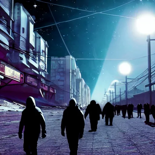 Image similar to photo of citizens that walk past plasma vehicles, on the Moon, long shadows, in a Russian cyberpunk city called Neo Norilsk on the Moon, pitch black sky with stunning bright stars, bright sun, diverse outfits, lively, freaky, black sky full of stars, blinding bright sun, sci-fi, lots of flying cars, levitation, cyberpunk outfits, photorealistic, grainy, 35mm, intricate, very very beautiful, elegant, smooth, cinematic, Unreal Engine 5, by Beeple, trending on Artstation HD