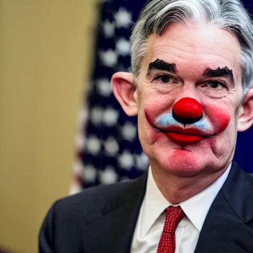 Image similar to Jerome Powell with colorful clown makeup all over his face whiteface