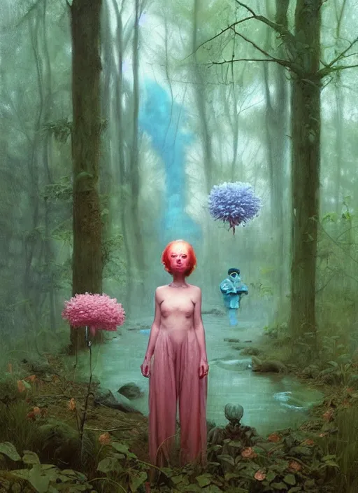 Image similar to bubblegum in the woods by a stream, river gorgeous lighting, lush forest foliage blue sky a hyper realistic painting by chiara bautista and beksinski and norman rockwell and greg rutkowski, tom bagshaw weta studio, and lucasfilm