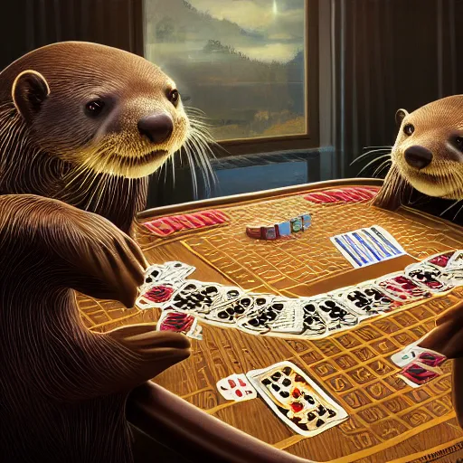 Image similar to otters playing poker, hyper detailed, dramatic lighting, cgsociety, realistic, hyper detailed, insane details, intricate, dramatic lighting, hypermaximalist, golden ratio, rule of thirds, octane render, weta digital, micro details, ultra wide angle, artstation trending, 8 k,