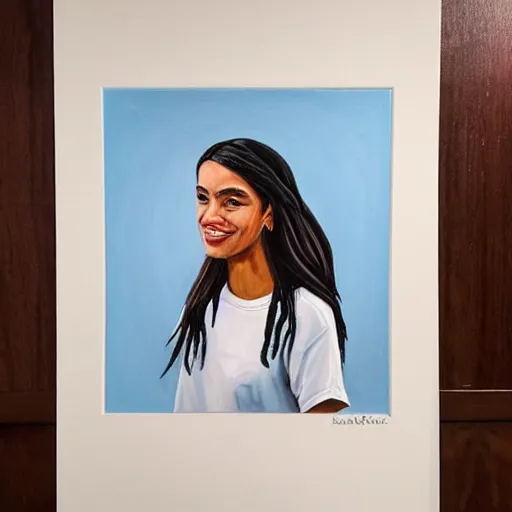 Prompt: a painting of Alexandria Ocasio-Cortez, from her neck to her toes, wearing a long white t-shirt that goes from her shoulders to her knees.