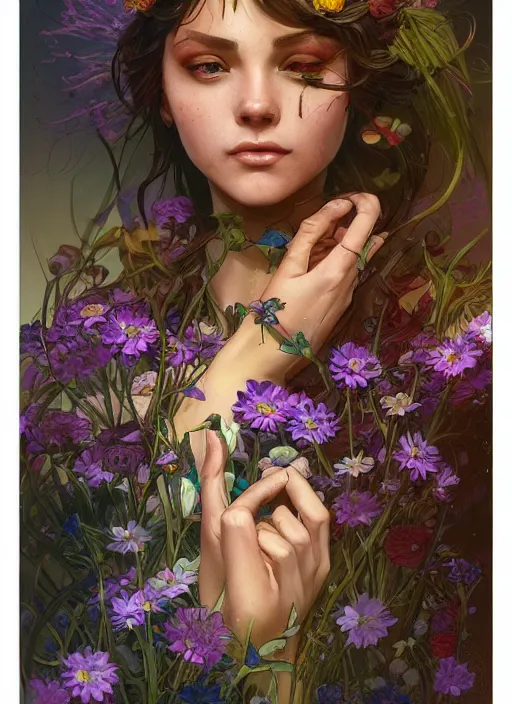 Prompt: isolated flowers with strong dark comic outlines, colorful, psychedelic, intricate, elegant, highly detailed, digital painting, artstation, concept art, smooth, sharp focus, illustration, art by artgerm and greg rutkowski and alphonse mucha