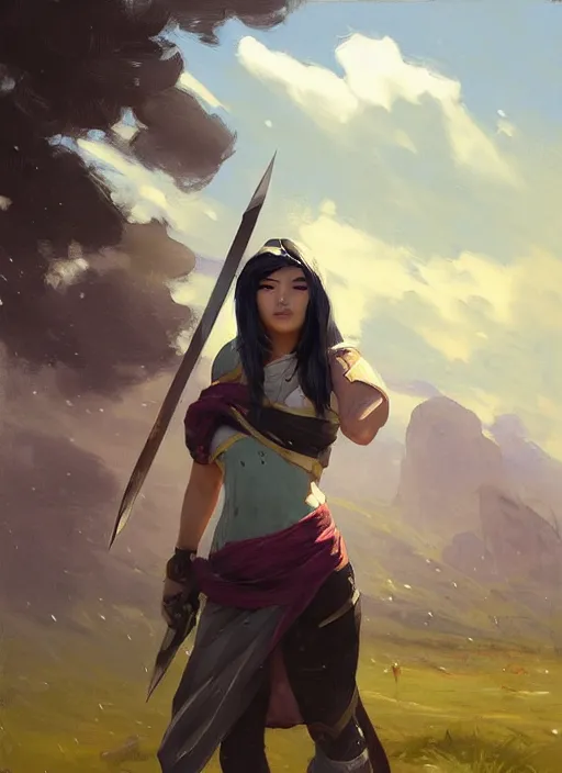 Image similar to portrait of Akali from League of Legends after work, countryside, calm, fantasy character portrait, dynamic pose, above view, view from above, sunny day, thunder clouds in the sky, artwork by Jeremy Lipkin and Giuseppe Dangelico Pino and Michael Garmash and Rob Rey, very coherent symmetrical artwork, sharp edges, perfect face, simple form, 100mm