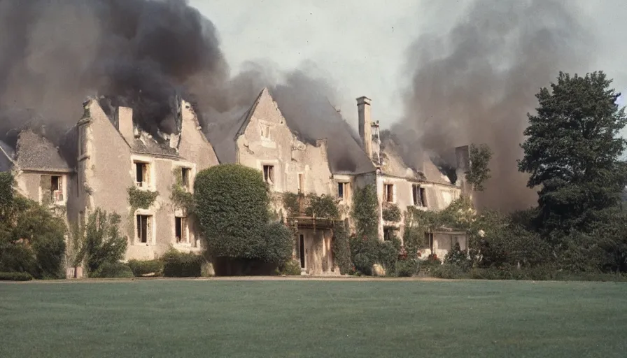 Image similar to 1 9 7 0 s movie still of a heavy burning french style manor in a small french village, cinestill 8 0 0 t 3 5 mm, heavy grain, high quality, high detail, dramatic light, anamorphic, flares