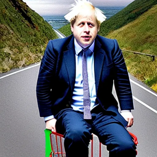 Prompt: Boris Johnson sitting inside a shopping-cart sliding downhill a very steep road, anatomically correct, directed open gaze, symmetrical face