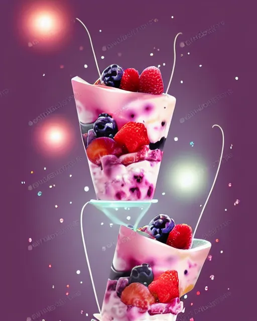 Prompt: mixed berry parfait yogurt cup, swirling fruits and stylized yogurt, sylvain sarrailh, fantasy, sparkling, radiant lighting