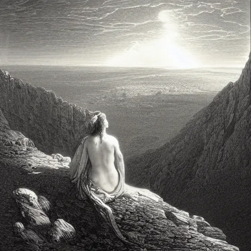 Image similar to A lonely woman looks down from a huge cliff, mountains, gorgeous view, velly distant forest, distant city, distant glow, night, sunset, dramatic light, Chiaroscuro, long shadows, dark, masterpiece, high detail, detailed, illustration by Paul Gustave Doré