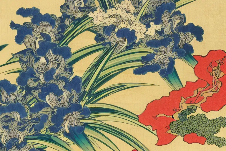 Prompt: a masterful ukiyo - e print of irises by katsushika hokusai, utagawa kuniyoshi and utagawa hiroshige, hyperdetailed, intricate, colorful, illustration, complex, closeup, 4 k