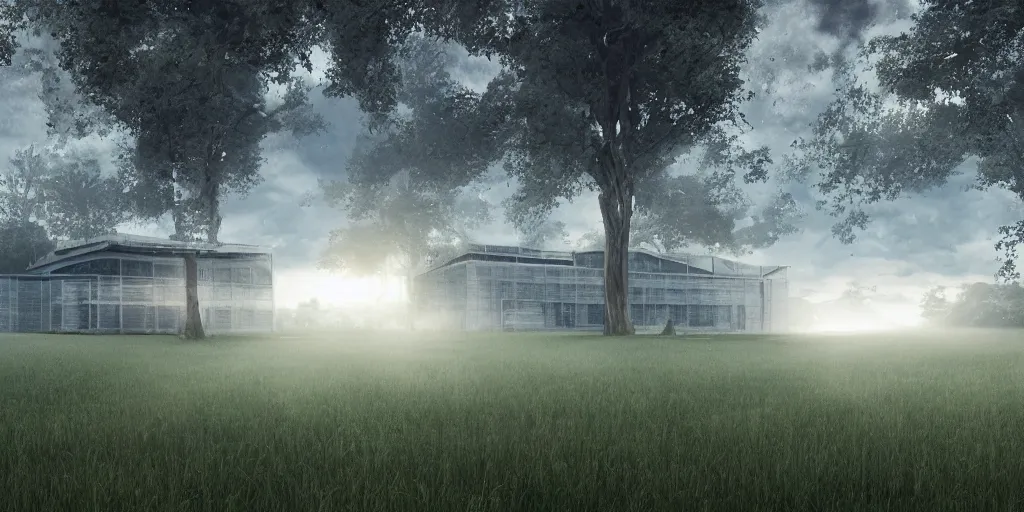 Image similar to large white sci-fi building, next to farm fields and trees, sense of hope, digital art, art station, volumetric lighting, extremely detailed