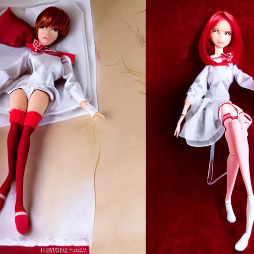 Prompt: anime barbie doll, in red velvet stockings, a nurse's dress, full length, heels on her feet