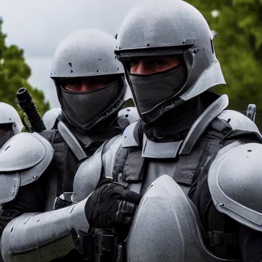 Prompt: Mercenaries wearing grey body armor and FAST-MT combat helmets fighting a bloody battle, photo by Adam Ferguson, Pulitzer Winning, cinematic composition, breathtaking, modern, 8k, taken in 2022