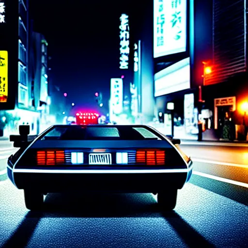 Image similar to a car Delorean in middle of road, shibuya prefecture, night city, cinematic color, photorealistic, highly detailed