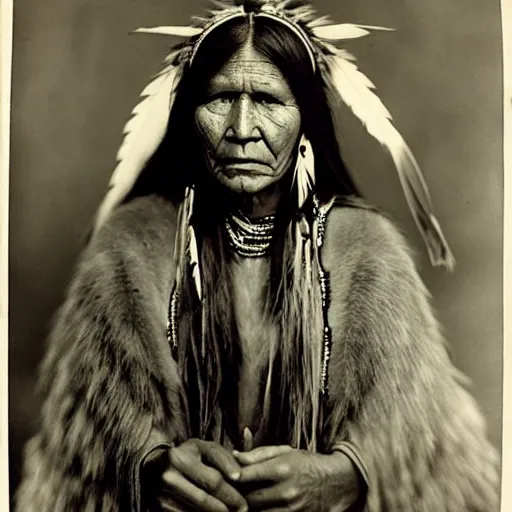 Prompt: vintage photo of a female native american shaman by edward s curtis, photo journalism, photography, cinematic, national geographic photoshoot vignette