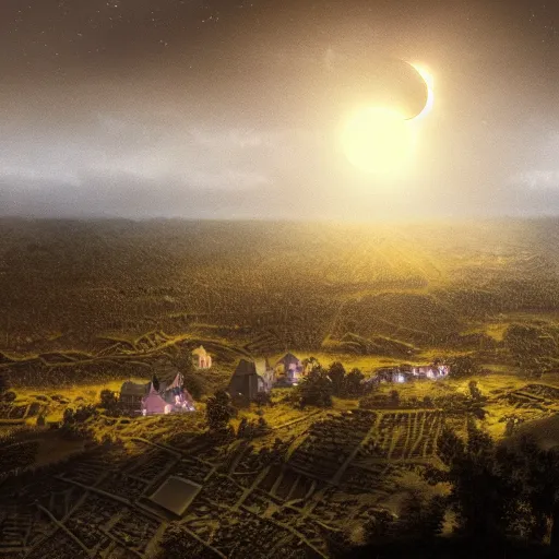 Image similar to dark solar eclipse, above a village, highly detailed, studio 4 k quality, by constable john