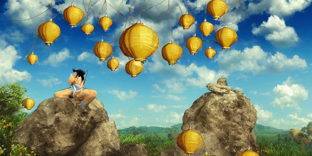 Image similar to wind deva enjoying the view from his stone heavenly palace, decorated with windchimes and paper lanterns, stunning nature and clouds in background, digital art