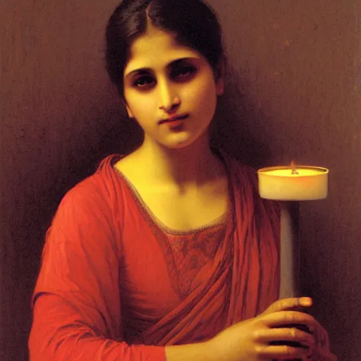 Image similar to a Pakistani woman holding a candle, painting by William Adolphe Bouguereau