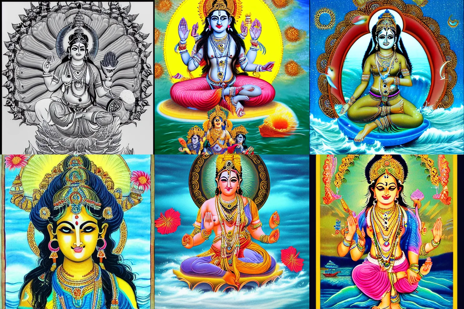 Prompt: hindu goddess of the waves, multiple faces, summer, photrealistic, parvati, lakshmi, surfing