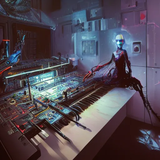 Image similar to robot making modular synth music, art by wagner kuroiwa tristan eaton, stanley artgermm, tom bagshaw, greg rutkowski, carne griffiths, ayami kojima, beksinski, giger, trending on deviantart, photorealistic, vray, hdr, hyper detailed, dramatic lighting, octane render, weta digital, 3 d sculpture