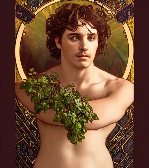 Prompt: a tarot card portrait of dionysus, realistic, 8 k, by greg rutkowski, artgerm, alphonse mucha, ornate, vines as jewelry, symmetry, sharp focus