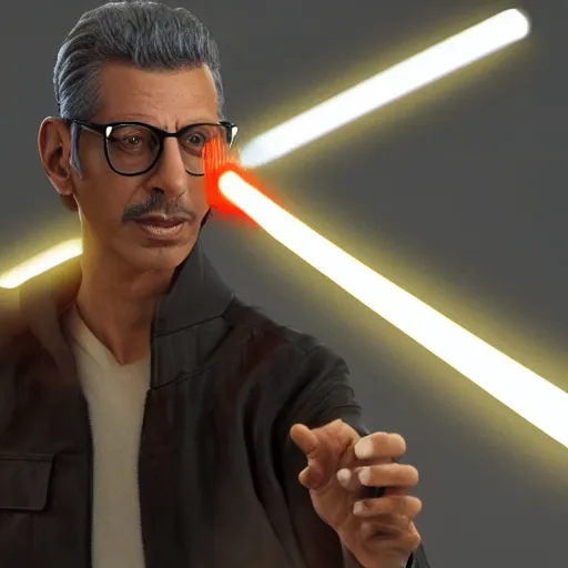 Image similar to hyperrealistic jeff goldblum wielding lightsaber, stunning 3 d render inspired by istvan sandorfi & xiang duan, perfect symmetry, dim volumetric cinematic lighting, 8 k octane comprehensive render, extremely mega hyper - detailed and lifelike attributes & atmosphere, intricate, realistic flesh texture, masterpiece, artstation, stunning,