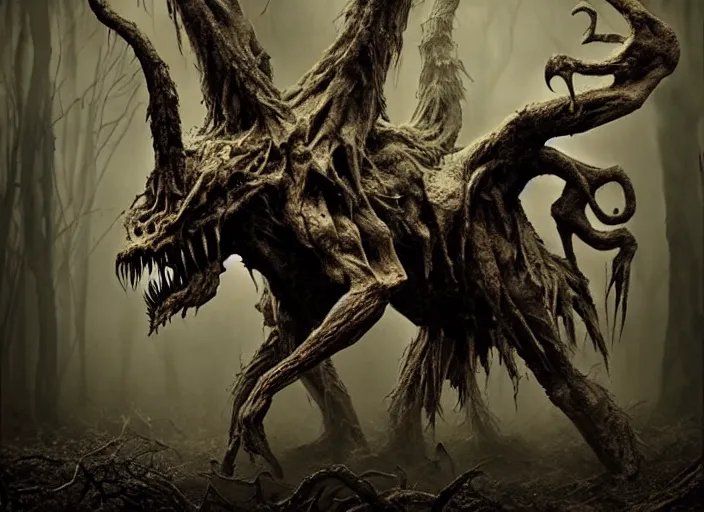 Prompt: an incredibly scary and very very unique monster creature of evil nature, ancient folk legend in the forest, hyperrealistic concept art, extremely creative, sepia photography