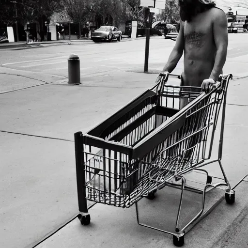 Image similar to a photograph of homeless jesus pushing a shopping cart