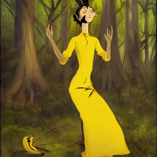 Image similar to concept art painting of an anthropomorphic salvador dali wearing yellow dress, in the deep forest, realistic, detailed, cel shaded, in the style of makoto shinkai and greg rutkowski and james gurney