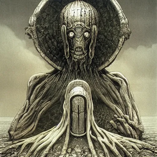 Image similar to squidward as a dark souls boss by zdzisław beksiński