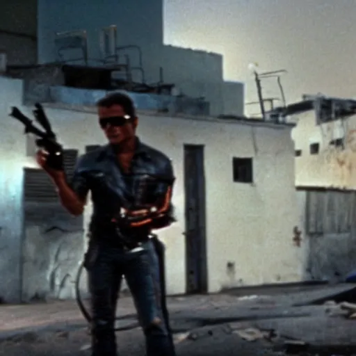 Prompt: film still of the terminator at a favela, shooting scene, blurry