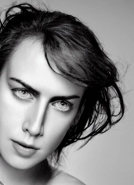 Image similar to portrait of beautiful young female nic cage by mario testino, headshot, detailed, award winning, sony a 7 r
