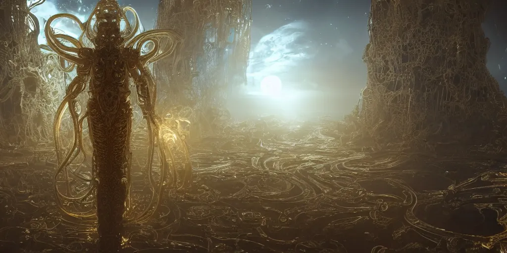 Prompt: a photo of 8k ultra realistic corrupted lovecraftian golden humanoid queen standing next to a spaceship window overlooking earth, 8 intricate white and gold tentacles, ornate white and gold armour, cinematic lighting, trending on artstation, 4k, focused, extreme details, unreal engine 5, cinematic, masterpiece
