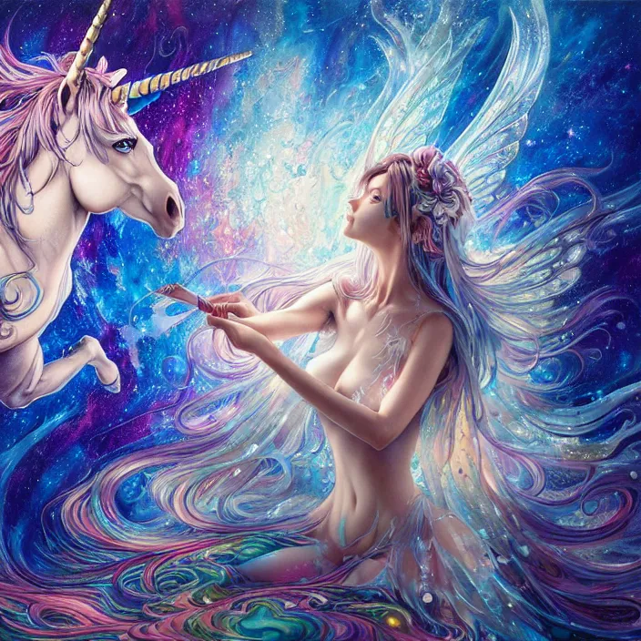 Image similar to ultra detailed illustration of a unicorn anime girl covered in liquid chrome, lost in a dreamy fairy multiverse, by Karol Bak, Johfra Bosschart, Andrew Thomas Huang, dan mumford, Druillet colorful, front view, vivid colors, 8k, coherent, artgerm, anime vibes, octane render, uplifting, magical composition, artstation