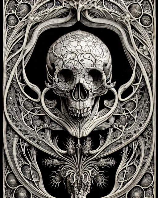 Image similar to art forms of nature by ernst haeckel, memento mori by arthur rackham, ornate antique porcelain beautiful skull mask, ultrasharp, photorealistic, hyperdetailed, octane render, polished, art nouveau, neo - gothic, gothic, intricate ornamental organic filigree, art nouveau botanicals, art forms of nature by ernst haeckel, horizontal symmetry, symbolist, visionary