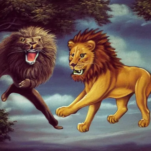 Image similar to screaming bob ross chasing a lion
