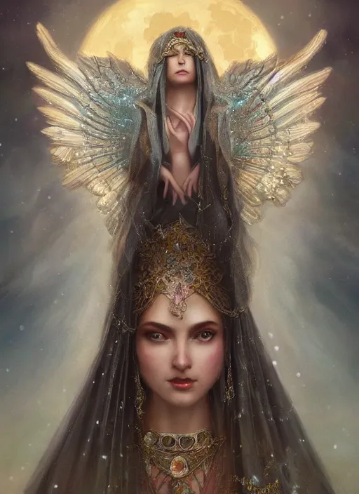 Image similar to A beautiful digital painting of a female Seraphim full of jewels, princess, the moon behind her, intricate, cinematic lighting, highly detailed, digital painting, Artstation, concept art, smooth, sharp focus, illustration, art by Tom Bagshaw, Artgerm and Greg Rutkowski